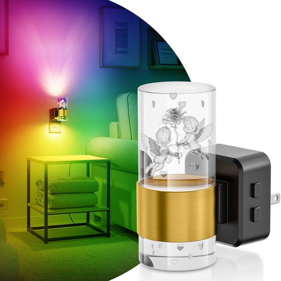 YANSUN 1W Integrated LED Plug-In Night Light, Black & Brass 3D Cupid Inner Carving with Gold Ring, RGB, 3000K, Up & Down Beam, 1-Pack