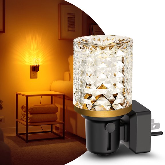 YANSUN 1W Integrated LED Plug-In Night Light, Black & Brass Amber 2000K Diamond Crystal Column Night Light, Slide Adjustable, Light Sensor, 1-Pack