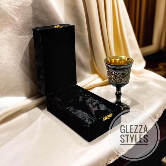 Black Brass Chalice Goblet Communion Cup Embossed Wine Glass with Black Velvet Box for Wedding Birthday Anniversary Gothic Valentine Gift