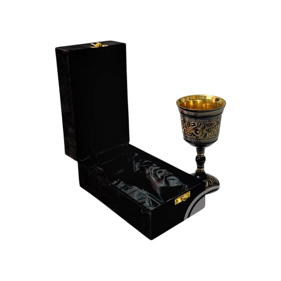 Black Brass Chalice Goblet Communion Cup Embossed Wine Glass with Black Velvet Box for Wedding Birthday Anniversary Gothic Valentine Gift