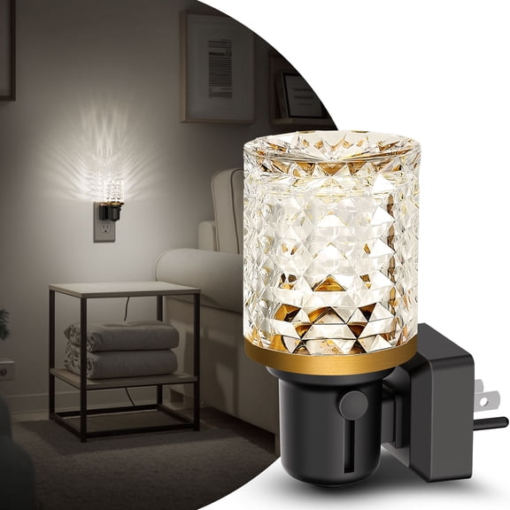 YANSUN 1W Integrated LED Plug in Night Light, Black & Brass Cool White 5000K, Diamond Crystal Column Light, Slide Adjustable, Light Sensor, 1-Pack