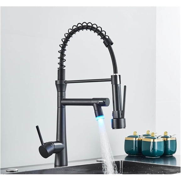 Black Brass Pull Down LED Kitchen Faucet 360 Rotate Hot Cold Mixer Dual Spout Deck Mounted Sink Taps with Strong Flush Crane