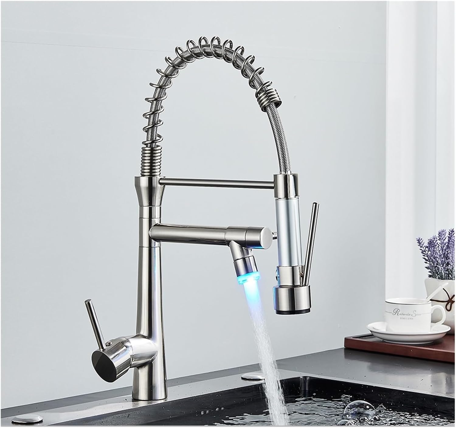 Black Brass Pull Down LED Kitchen Faucet 360 Rotate Hot Cold Mixer Dual Spout Deck Mounted Sink Taps with Strong Flush Crane