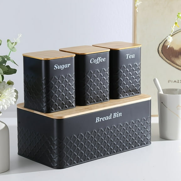 Black Bread Bin with 3 Square Canisters, Farmhouse Kitchen Countertop Storage Set for Bread, Coffee, Sugar and Tea