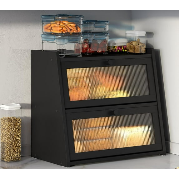 Black Bread Box, Double Layer Large Bread Box for Kitchen Counter, Bamboo Bread Storage Container with Wavy Acrylic Transparent Door