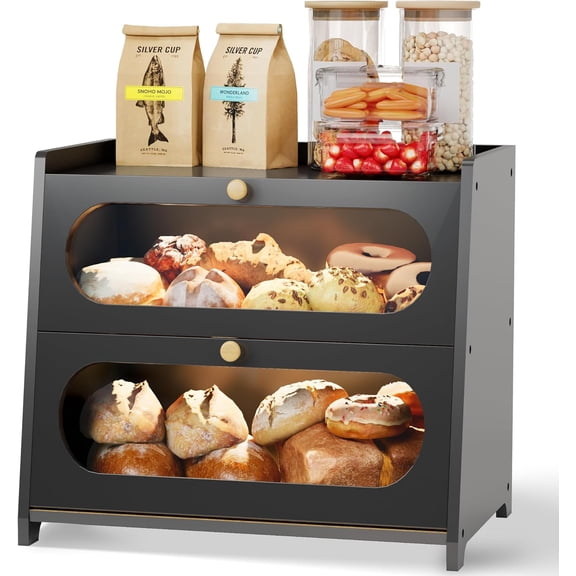Black Bread Box for Kitchen Countertop, Double Layer Breadbox, Large Capacity with Window, Farmhouse Bread Storage Container, Fits Corner, Cabinet, Pantry