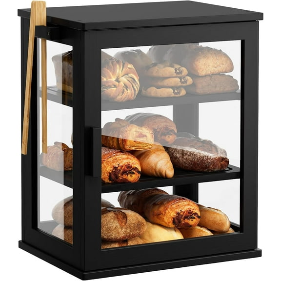 Black Bread Box for Kitchen Countertop, Large 3 Layers Bread Storage Container for Homemade Bread with Window, Farmhouse Breadbox Organizer for Kitchen, Cabinet, Pantry (Black, Meduim)