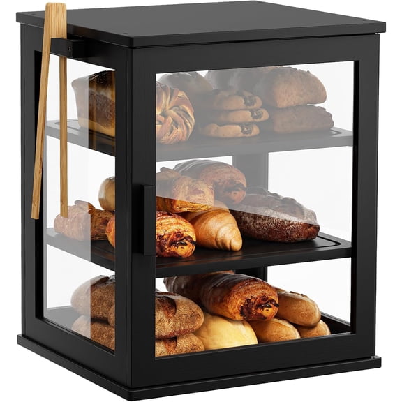 Black Bread Box for Kitchen Countertop, Large 3 Layers Bread Storage Container for Homemade Bread with Window, Farmhouse Breadbox Organizer for Kitchen, Cabinet, Pantry (Black, Extra Large)