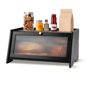 Black Bread Box for Kitchen Countertop, Yeulluey Bamboo Bread Box Bread Storage Container for Homemade Bread, Large Bread Bin with Window and Air Vents to Keep Fresh Bread