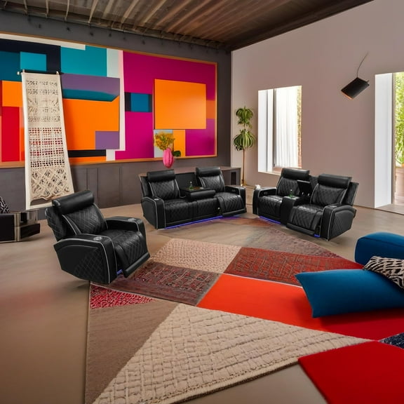 Black Breathable Semi PU Leather Living Room Recliner Intelligent 3-Piece Sofa Set