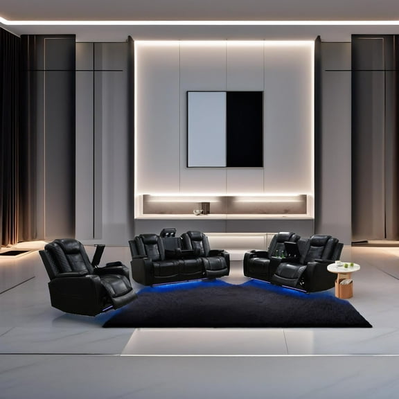 Black Breathing Leather 3-Piece Living Room Recliner Sofa Set