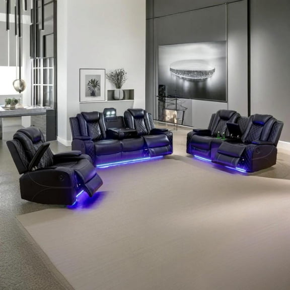 Black Breathing Leather 3-Piece Living Room Recliner Sofa Set