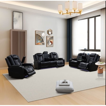 Black Breathing Leather 3-Piece Living Room Recliner Sofa set