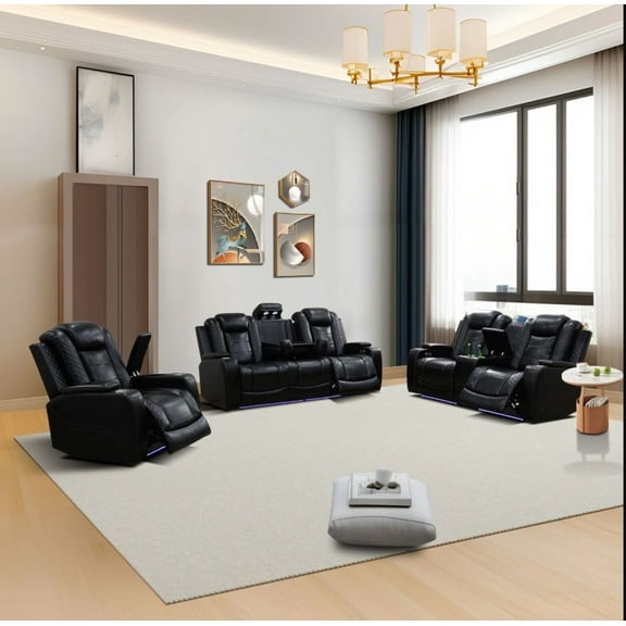 Black Breathing Leather 3-Piece Living Room Recliner Sofa set