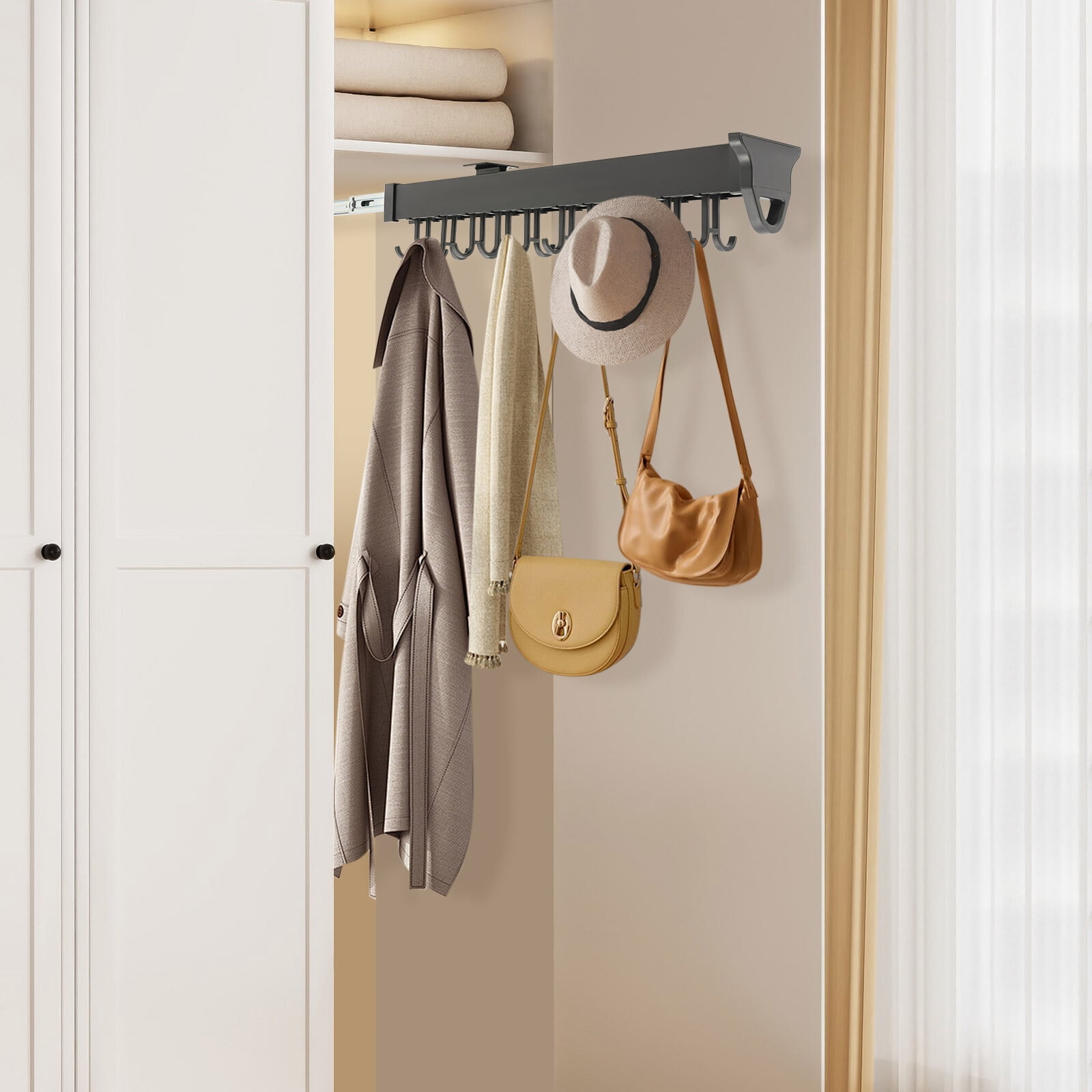 Black Brooms and Mops Pull Out Storage Rack, Wall Organizer with 20 ...