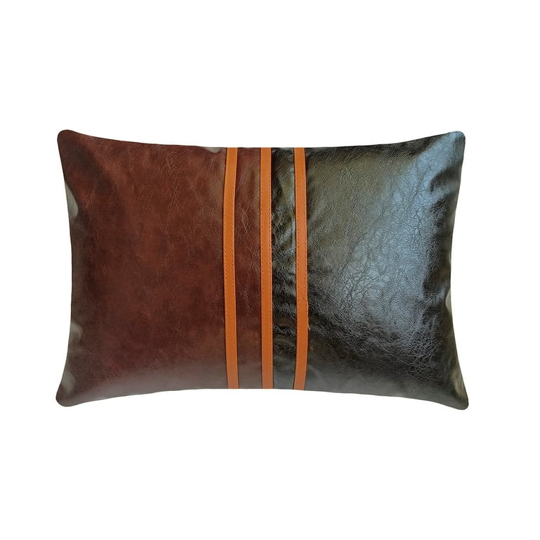 Geometric Patterns And Brown Faux Leather Lumbar Pillow Cover