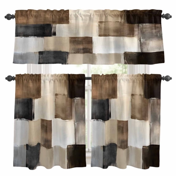 Black Brown Abstract Kitchen Curtains Sets for Windows 36 Inch Length, Oil Painting Color Blocks Rod Pocket Window Treatments Tier Curtains and Valances Set for Bedroom/Bathroom