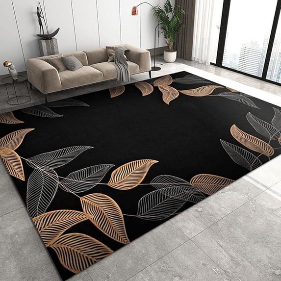 Black Brown Abstract Leaves Area Rugs, Golden Leaves Texture Soft Washable Carpet, Upholstery Rug With Non-Slip Backing For Kids Boys Girls Bedroom Living Room Dining Room Study 5x6ft