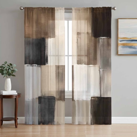Black Brown Abstract Sheer Curtains 84 Inch Length 2 Panels Set, Oil Painting Color Blocks Voile Window Treatment Rod Pocket Curtains Sheers Drapes for Bedroom/Living Room/Kitchen 52"x84"x2