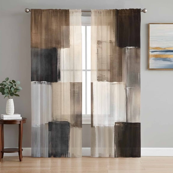 Black Brown Abstract Sheer Curtains 84 Inch Length 2 Panels Set, Oil Painting Color Blocks Voile Window Treatment Rod Pocket Curtains Sheers Drapes for Bedroom/Living Room/Kitchen 52"x84"x2
