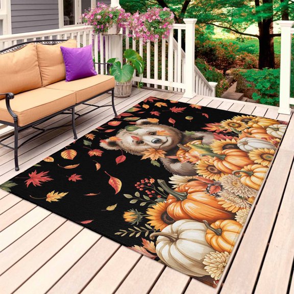 Black Brown Animals Fall Outdoor Rug for Patio/Deck/Porch, Non-Slip Large Area Rug 5 x 7 Ft, Orange Pumpkins Thanksgiving Leaves Indoor Outdoor Rugs Washable Area Rugs, Camping Rug Carpet Runner