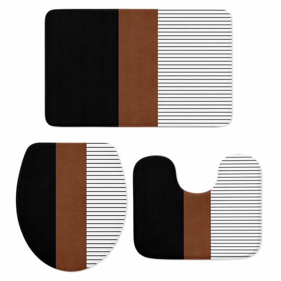 Black Brown Bath Mat 3 Piece Bathroom Rug Set, Contemporary Striped Boho Art Non Slip Bath Rug Contour Mat and Toilet Lid Cover, Absorbent Shower Mats Soft Bath Rugs and Mats Sets