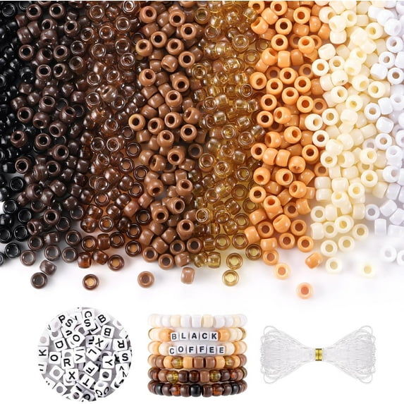 Black and Brown Beads, Pony Beads for Bracelets Crafts, 1200 Pcs 6x9mm Kandi Beads and 100 Pcs Letter Beads for Kids Girls Women, Plastic Beads for Hair(8 Assorted Colors)
