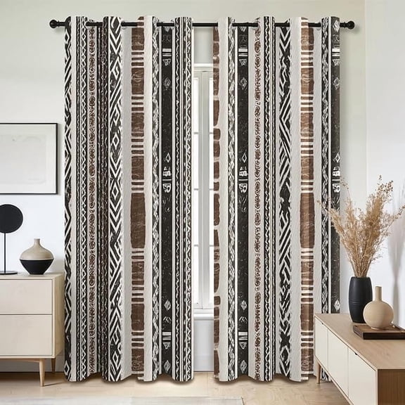 Black Brown Blackout Curtains for Bedroom Living Room, Tribal Stripe Patterned Window Treatments, Room Darkening Thermal Insulated Grommet Drapes 42"W x 84"L (Pack of 2)