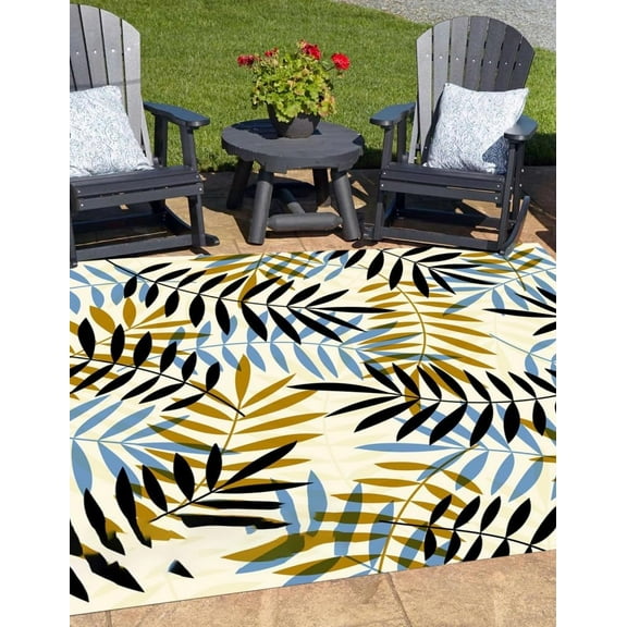 Black Brown Blue Tropical Botanical Indoor Outdoor Area Rug Waterproof Durable Outside Rug For RV Camping Backyard Garden Patio Deck Balcony Porch Livingroom Bedroom Floor Carpet 3x4ft