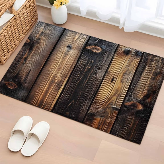 Black Brown Board Bathroom Rug Washable 2x3 Entryway Rug Non Slip Vintage Chic Shabby Wooden Grain Front Door Mat Low Pile Indoor Doormat Throw Floor Carpet for Kitchen Bedroom Entrance
