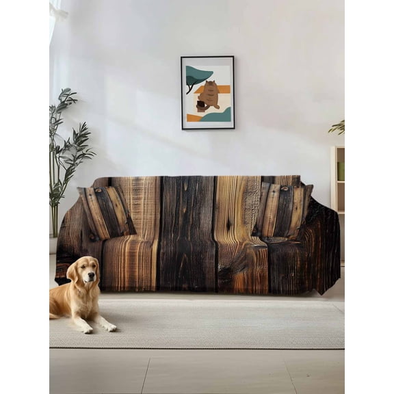 Black Brown Board Couch Cover, Vintage Chic Shabby Wooden Grain Sofa Cover Blanket for 1 Seat Cushion,Sectional Sofa Slipcover Furniture Protector for Living Room Bedroom 71''x91''