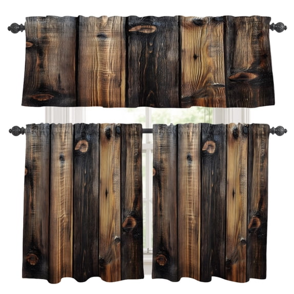 Black Brown Board Kitchen Curtains, Kitchen Curtains and Valances Set of 3, Vintage Chic Shabby Wooden Grain Light Filtering Tailored Tier Curtain 36 Inch Length Drapes for RV Cafe Bathroom Bedroom