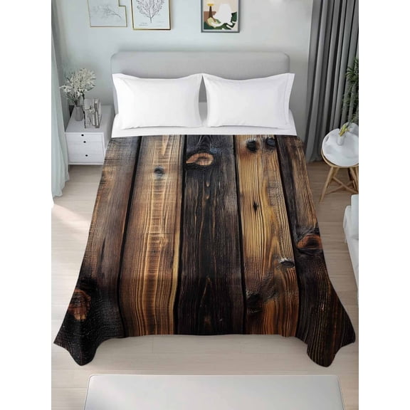 Black Brown Board Queen Size Flat Sheet, Wrinkleproof & Fadeproof Cooling Flat Bed Sheet Only, Vintage Chic Shabby Wooden Grain Breathable Soft Bedding Top Sheets 90 x 102 Inches