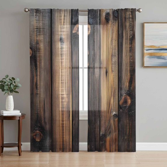 Black Brown Board Semi Sheer Curtains 108 Inch Length 2 Panels Set, Vintage Chic Shabby Wooden Grain Sheer Kitchen Curtain Privacy Voile Window Curtain for Living Room Bedroom Rod Pocket Drapes
