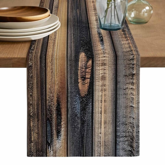 Black Brown Board Table Runner, Vintage Chic Shabby Wooden Grain Washable Cotton Linen Table Runners 72 Inches Long, Dresser Scarf Runner for Dining/Coffee/Kitchen/TV Stands/Cabinets 13''x72''