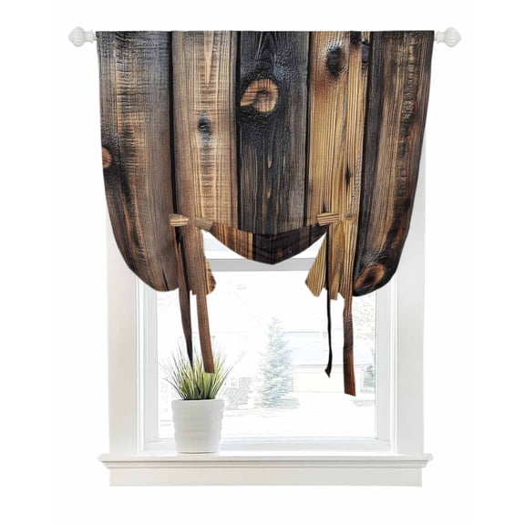 Black Brown Board Tie Up Curtains for Window, Thermal Insulated Balloon Shade Adjustable Rod Pocket Curtains Valance Panels for Kitchen Bathroom Cafe 42 x 54 Vintage Chic Shabby Wooden Grain