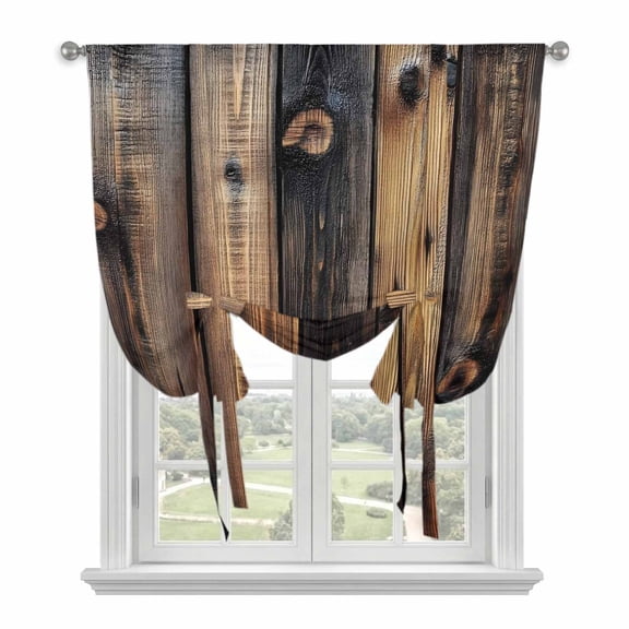 Black Brown Board Tie Up Curtains for Windows, Adjustable Rod Pocket Valance Shade, Vintage Chic Shabby Wooden Grain Light Filtering Window Treatment for Kitchen Bedroom Living Room 42"x 63"