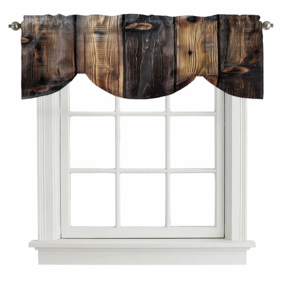 Black Brown Board Tie Up Valance Curtains for Windows, Kitchen Curtains Window Shades, Vintage Chic Shabby Wooden Grain Light Filtering Roman Curtain Valances for Bedroom/Bathroom/Cafe 42"x12"