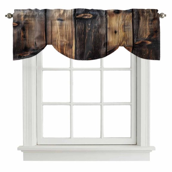 Black Brown Board Tie Up Valance Curtains for Windows, Kitchen Curtains Window Shades, Vintage Chic Shabby Wooden Grain Light Filtering Roman Curtain Valances for Bedroom/Bathroom/Cafe 54"x18"
