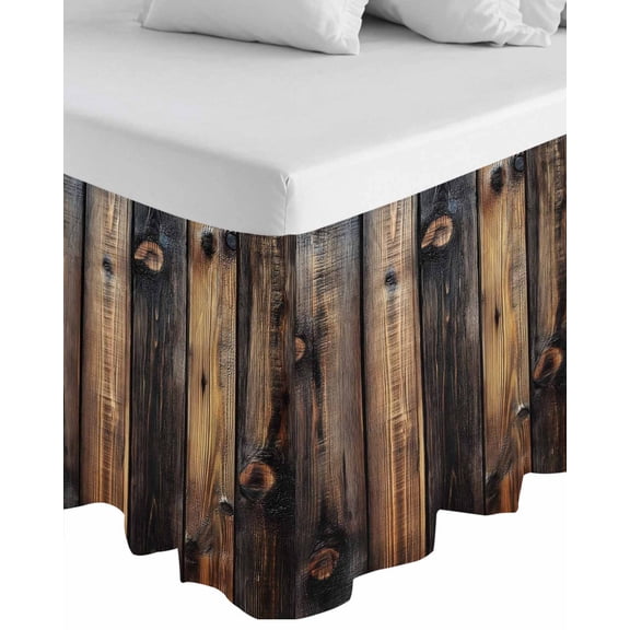 Black Brown Board Wrap Around Bed Skirts for Queen Bed 16" Drop,Bed Skirt with Adjustable Elastic Belt Dust Ruffle Bed Valance for Bedroom Hotel Vintage Chic Shabby Wooden Grain Bed Frame Cover