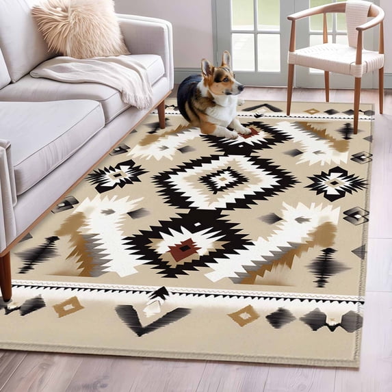 Black Brown Boho Area Rug 4x6 FT, Non Slip Kids Room Carpet, Southwestern Geometric Ethnic Retro Washable Soft Floor Carpet Non-Shedding Throw Rug for Dorm Kitchen Study Room Home Office Bedside
