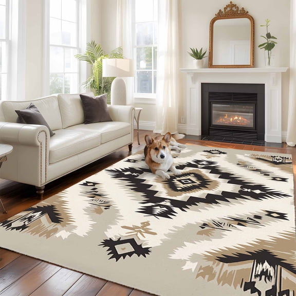 Black Brown Boho Area Rug 5x8 FT, Non Slip Bedroom Throw Carpet, Southwestern Geometric Ethnic Washable Soft Floor Carpet Non-Shedding Rug for Living Room Nursery Dorm Office
