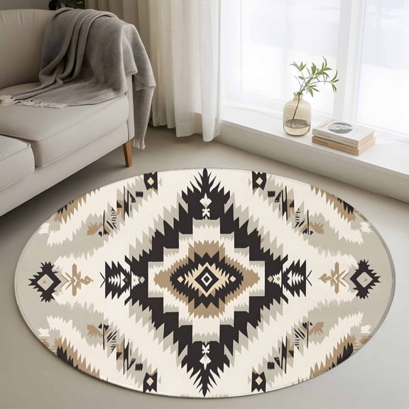 Black Brown Boho Round Area Rug 3.3 FT, Non Slip Small Entryway Kitchen Mat, Southwestern Geometric Ethnic Washable Soft Circular Rug Non-Shedding Door Mat for Bathroom Playroom Kids Room