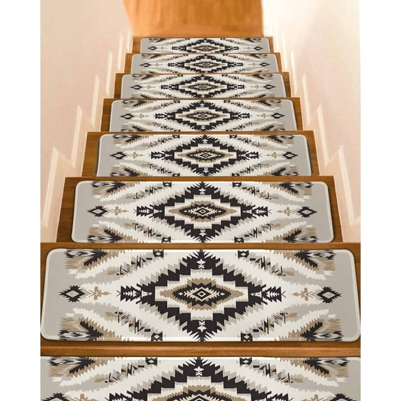 Black Brown Boho Stair Treads for Wooden Steps Indoor Runner Rug Carpet, Southwestern Geometric Ethnic 7 Pieces Peel and Stick Staircase Step Treads Covers Washable Throw Door Mats, 30"x8"