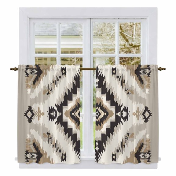 Black Brown Boho Tier Curtains, Southwestern Geometric Ethnic Light Filtering Kitchen Curtains, 2Pcs Rod Pocket Half Window Treatments Panels for Sink Cafe Cabinet Basement 27.5x45 Inches