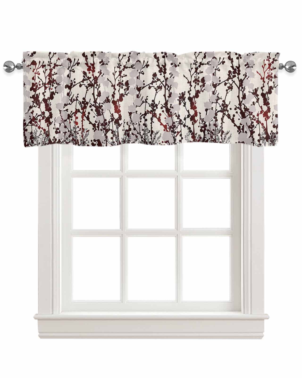 Black Brown Branches Linen Curtain Valance for Bedroom/Bathroom/Kitchen/Office/Living/Dining Room Window,Watercolor Botanical Abstract Art Rustic Rod Pocket Topper Decorative Cafe Drapes Panel 60x18