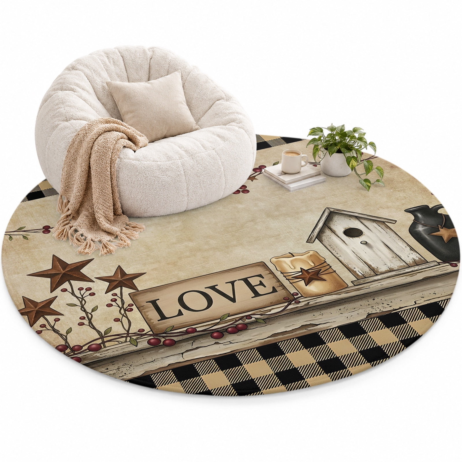 Black Brown Buffalo Check Area Rug 4', Rustic House Berry Vine Star ...