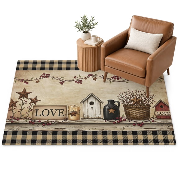 Black Brown Buffalo Check Area Rug 4'x6', Rustic House Berry Vine Star ...