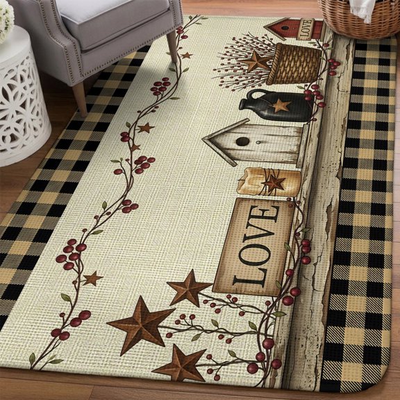 Black Brown Buffalo Check Area Rugs for Living Room 5x6, Rustic House Berry Vine Star Beige Washable Area Rug Non Slip, Stain Resist Linen Carpet for Bedroom, Dining Room, Entryway, Entrance