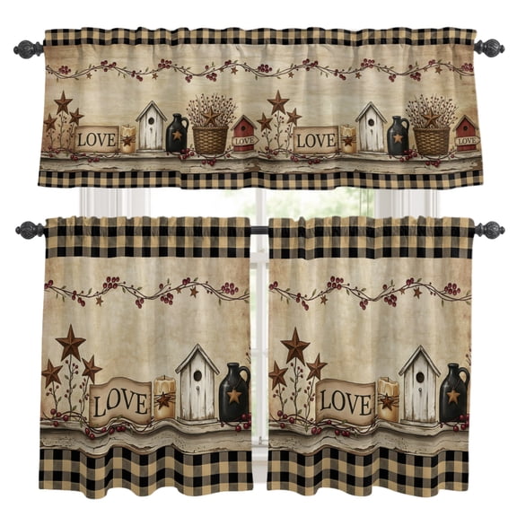 Black Brown Buffalo Check Kitchen Curtains Valances 3 Piece Set, Rustic House Berry Vine Star Brown Rod Pocket Tier Curtain and Valance Drapes for Small Window 24 Inch Length for Bedroom Cafe